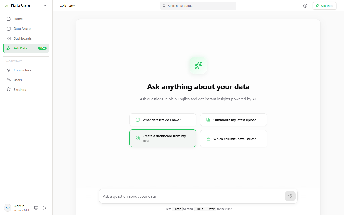 Natural language query interface with suggested prompts like What datasets do I have and Create a dashboard from my data