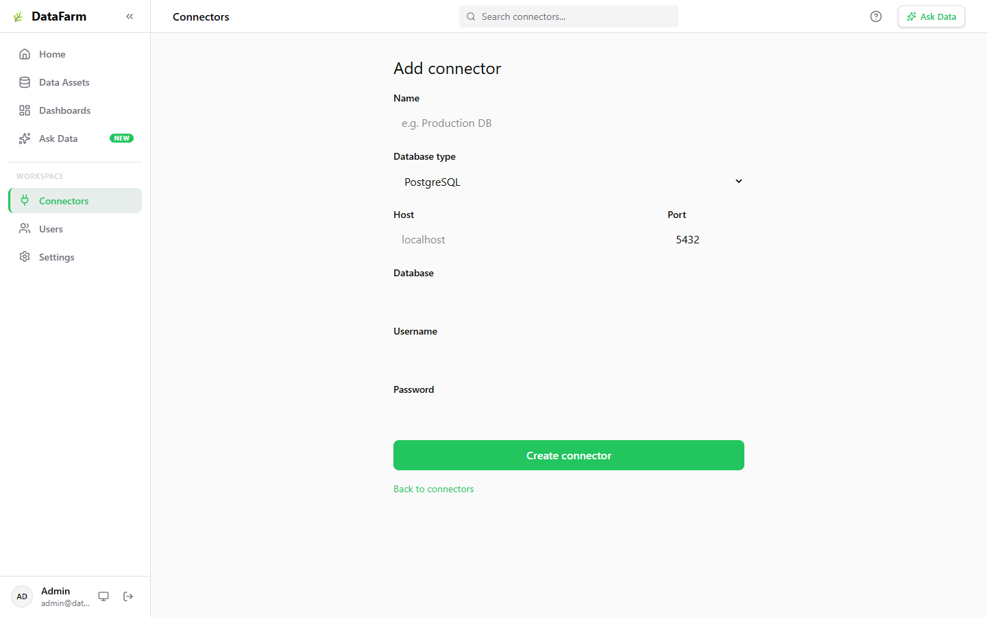 Add connector form showing database type selector, host, port, and credential fields