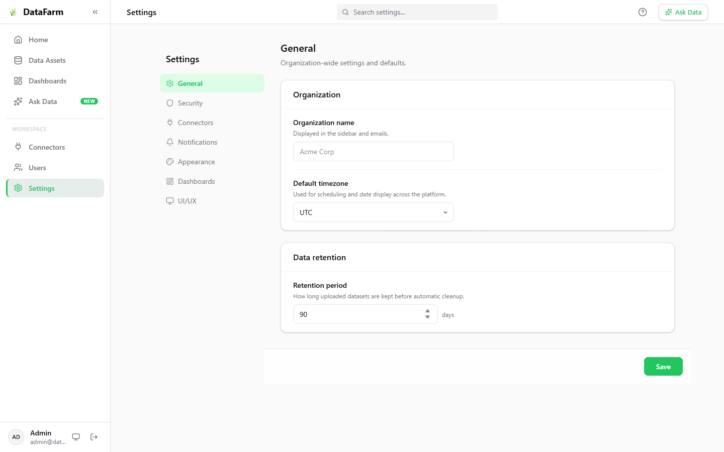 Settings page showing organization name, timezone, and data retention configuration