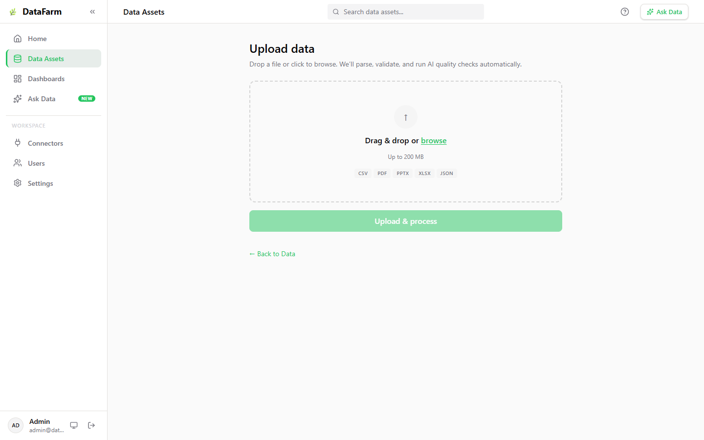 File upload interface with drag-and-drop zone supporting CSV, PDF, PPTX, XLSX, and JSON formats